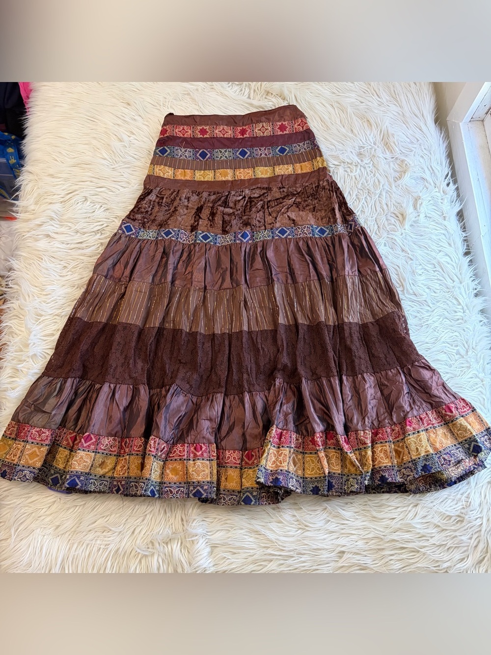 Vintage Y2K Studio Spa Boho Tiered Maxi Skirt Velour Lace Cotton Women’s Size S